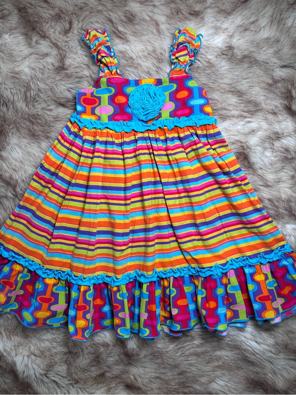 Girls Bright Multicolor Stripe Sundress with Turquoise Rosette